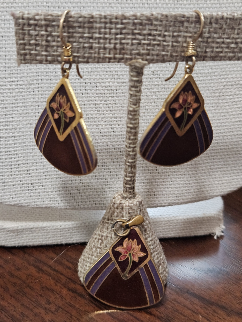 Laurel Burch Vintage Gold-Tone Enamel Flower Drop Earrings And Matching Pendant